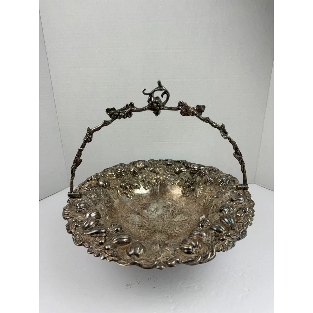 Vintage Silver Plate Tone Footed Bride Basket Repousse Grapes Gourd